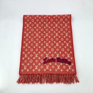 Louis Vuitton Red Monogram Logo Wool & Silk Fringed Scarf Reversible Design
